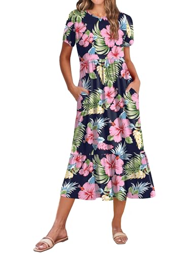 Image of Zeagoo Women Summer Midi A Line Dress Short Sleeve Casual Flowy Tiered Beach Long Sundress with Pockets 2026 Vacation Travel