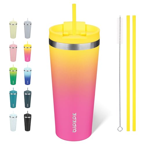 BJPKPK 22oz Stainless Steel Insulated Tumbler With lid And Straw Travel Coffee Thermal Tumblers Cup For Women And Men,Pink Yellow Rose