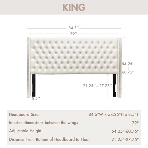 Image of Madison Park King Wingback Upholstered Tufted Headboard, Featuring High-Density Sponge Padding, Adjustable Height Headboard, Easy Assembly, Beige Velvet
