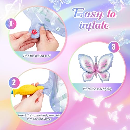 Image of AMFIN (Pack of 2) Large Butterfly Foil Balloons 34 Inch Gradient Birthday Party Decorations | Helium & Air Compatible - Blue Pink