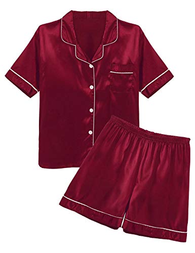 iiniim Men's Short Sleeve Satin Pajama Set with Shorts Classic Sleepwear Loungewear Burgundy X-Large4