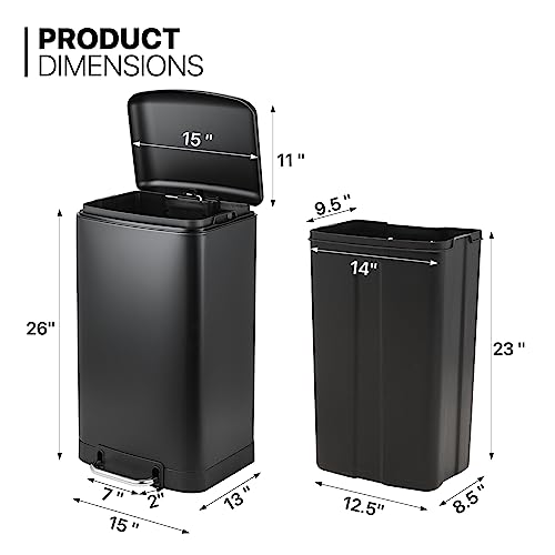 Image of MoNiBloom 10.5-Gallon Step Trash Can with Soft-Close Lid for Kitchen Bathroom Bedroom Living Room Home Office Dorm Fingerprint-Proof Foot Pedal Garbage Bin with Removable Inner Bucket Black 40-Liter