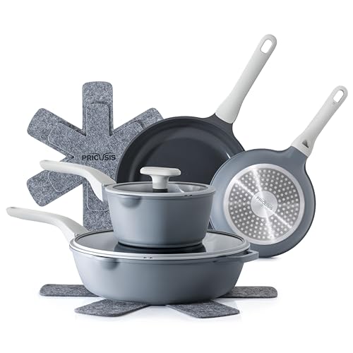 Image of PRICUSIS Nonstick Pots and Pans Set, 9 Pieces Non Toxic Ceramic Nonstick Cookware, Healthy Omelete/Egg Skillet, Healthy Frying Pan, PTFE PFOA & PFAS Free, Induction Compatible, Blueberry Gray