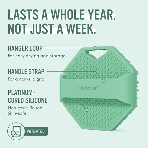 Image of Sud Scrub Antimicrobial Silicone Body Scrubber, Exfoliating Body Scrubber for Sensitive Skin, Eco Friendly Shower Scrubber for Body, Silicone Body Brush for Showering, Lathers Well, Mint