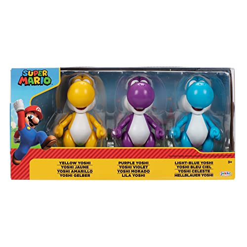 Image of Nintendo Yoshi 3-Pack Action Figures, 4 Inch / 10cm Authentic Super Mario Figures Includes Yellow Yoshi, Purple Yoshi and Light-Blue Yoshi, Ideal for Ages 3+