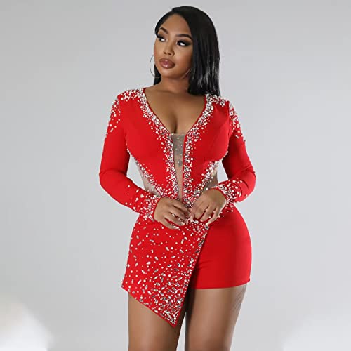 Women's Sexy Mesh Sheer Rhinestone V Neck Bodycon Jumpsuits Clubwear Long Sleeve Short Rompers Dress Nightout Red M #TOP1