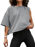Women's Oversize Workout Crop Tops Casual Short Sleeve Drop Shoulder Boxy T-Shirts Roll Hem Basic Loose Yoga Running Tees Grey