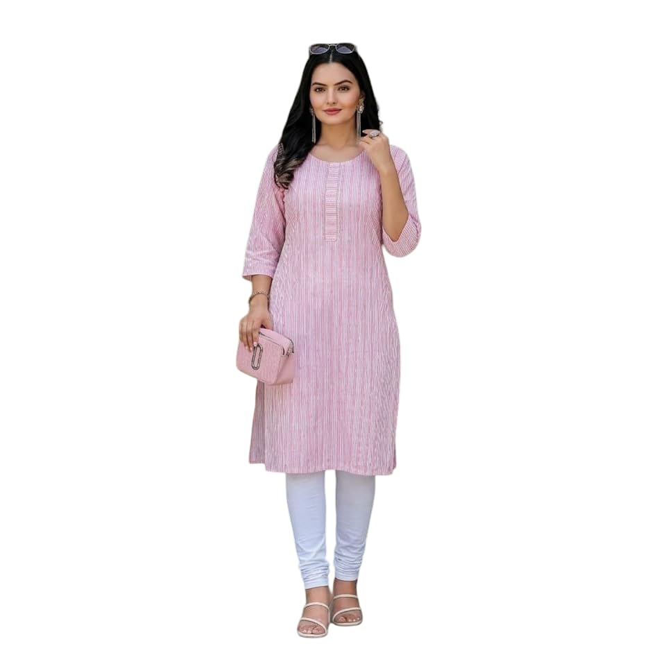 SNITCH Women's Cotton Printed Kurta, Pink Sequnce Work, Striped, 3/4 Sleeve, Casual Comfortable Wear in pink