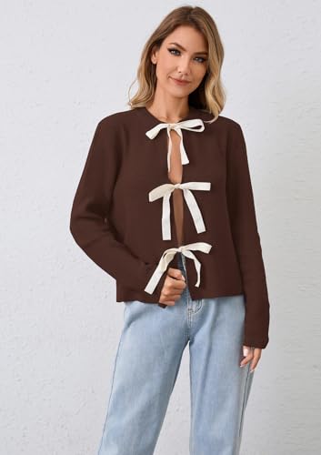 Image of calbatic Women Long Sleeve Bow Tie Front Cardigan Sweater Open Front Knit Pullover Tops Casual 2024 Fall Winter Brown