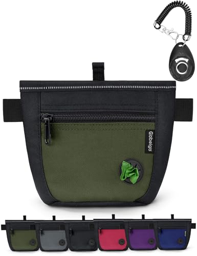 Gobeigo Hunde Leckerlibeutel und Training-Clicker, Zwei magnetische Verschlüsse gegen Verschütten, 2-Tassen Leckerlitasche mit Hundekotbeutel-Spender, Metall-Clip Gürteltasche für Hundespaziergang