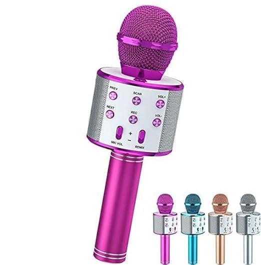 Image of VRJTEC Wireless Karaoke Microphone with Speaker | 2-in-1 Bluetooth Mic, Audio Recording, Continuous Play, USB Charging, Card Slot & AUX Port (Pink & Silver)