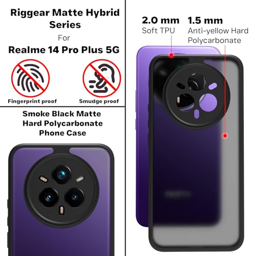 Image of RIGGEAR Shockproof Sleek Hybrid Armor Back Cover Case for Realme 14 Pro Plus 5G (Smoke Black Matte PC + Black TPU Bumper)