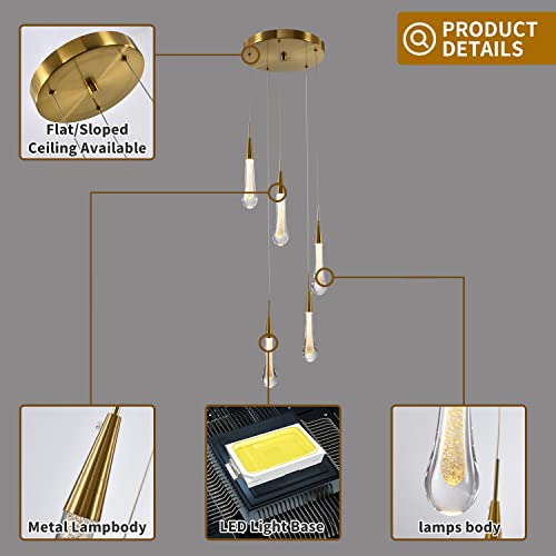 Waluin 5-Light Led Chandelier Modern Pendant Light Raindrop, Crystal Pendant Light Fixtures, Gold Pendant Lighting For Kitchen Island Foyer Hallway Bedroom 4000K Neutral White #TOP4