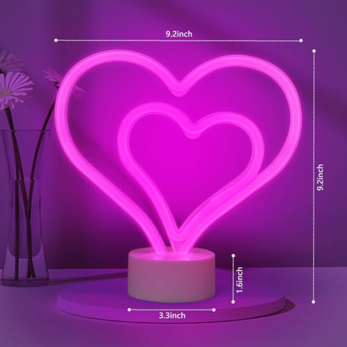 Pink Neon Lights for Bedroom - Cute Heart Neon Sign for Home Room Table&Desk&Tabletop Decor,Battery Powered Lighted Up Decoration for Teen Girls Women,Heart Shaped LED Night Lamp,Wedding, Party Gifts