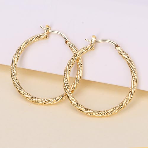 Gold Hoop Earrings for Women, 14K Gold Earrings Twisted Detailing Hypoallergenic Lightweight Earring Mother’s Day Gifts 35MM2