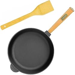 Biol Sartenes Sartén de Hierro Fundido para Freír 28 cm BRIZOLL - Sartén con mango de madera con espátula - Sartén apta para barbacoa de gas, horno, fogones y todo tipo de cocinas, incluida la inducción