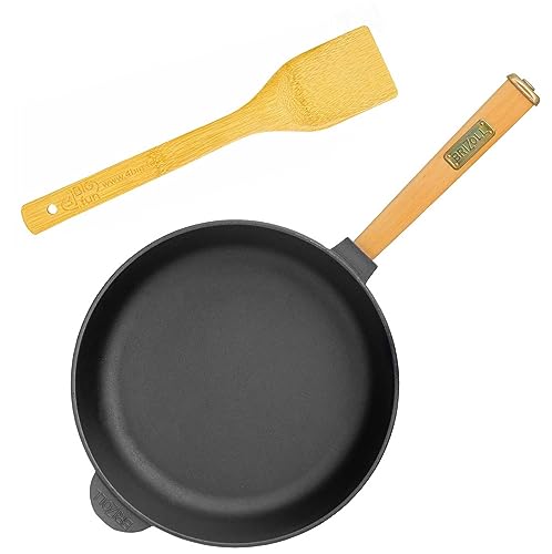 Padella in Ghisa 28 cm BRIZOLL con manico in legno - Padella multifunzione avec spatule - Padella per Friggere adatta per barbecue a gas, forno, focolare e tutti i piani cottura, con induzione