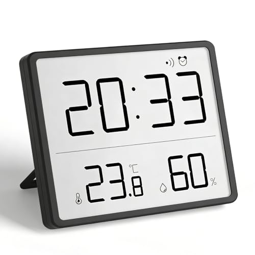VEGOATY Thermomètre-hygromètre numérique LCD - Réveil électronique - Thermomètre d'intérieur numérique - Fonctionne avec piles - Pour la maison, les étudiants, le bureau (noir)