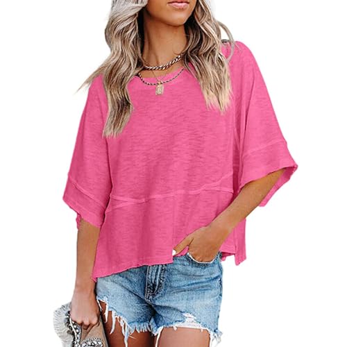 Women's Casual Crewneck Batwing Half Sleeve Tee - Non-Slit Patched Solid Color Bell Sleeve T-Shirt Loose Blous (Magenta,Small)