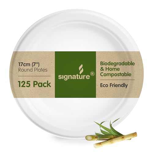 Signature Packaging - Biodegradable Paper Plates - 125 Pack - Medium & Sturdy Disposable Tableware - Round 17cm