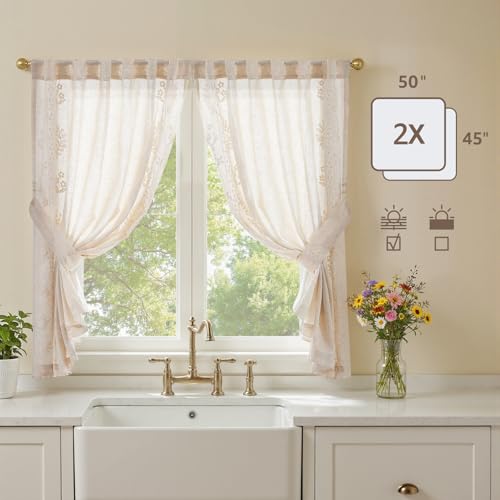 Image of jinchan Ivory Floral Linen Kitchen Tier Curtains 50x45 Inch 2 Panels