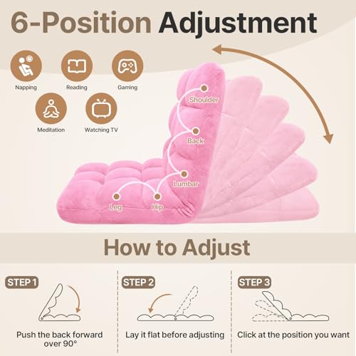 Image of HOPERAN Floor Chair with Back Support, 6-Poistion Adjustable Floor Gaming Chair for Adults, Padded Reclining Floor Chair, Folding Floor Chairs for Meditation, Sleeping, Reading, Gaming, Pink