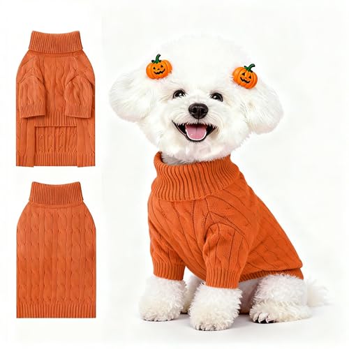 Image of Small Dog Thermal Pullover Sweater, Classic Turtleneck Cable Knitwear Dog Clothes for Cold Weather Warm Pet Clothes for Chihuahua, Bulldog, Dachshund, Pug Orange Medium