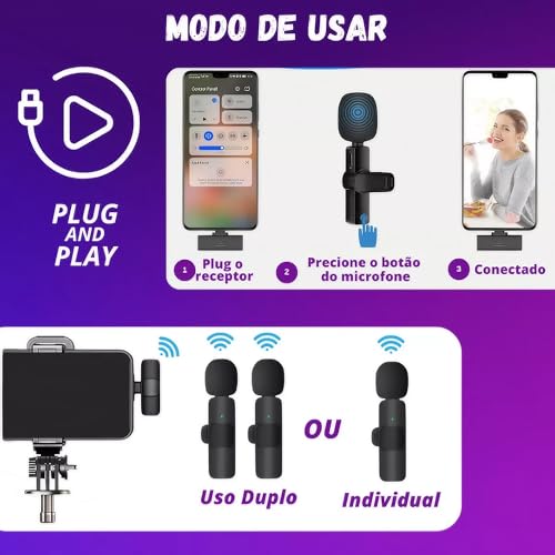 Microfone Lapela Sem Fio Duplo para Celular iPhone ou Android com Conexão Lightining ou USB Tipo C -