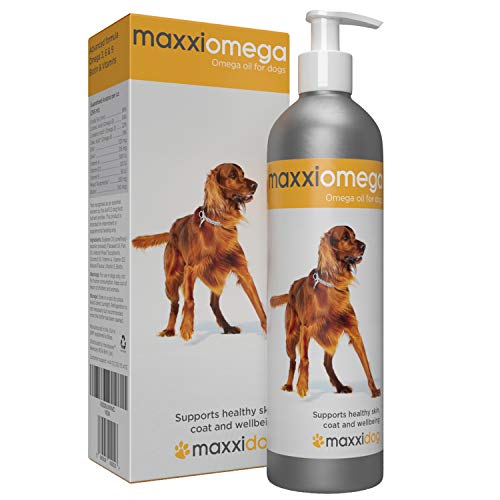 maxxidog  maxxiomega - Huile aux Omega pour chiens - MEILLEURE formule canine aux acides gras - Complément aux Omega 3, 6 et 9 - Huile de poisson liquide - Acides gras essentiels - DHA et EPA - Contient de la biotine - Antioxydants naturels - Vitamines A, D et E - Avantages pour la santé des chiens - Anti-inflammatoire - Soin de la peau - Soulagement des allergies - Pelage soyeux - Pompe facile à utiliser