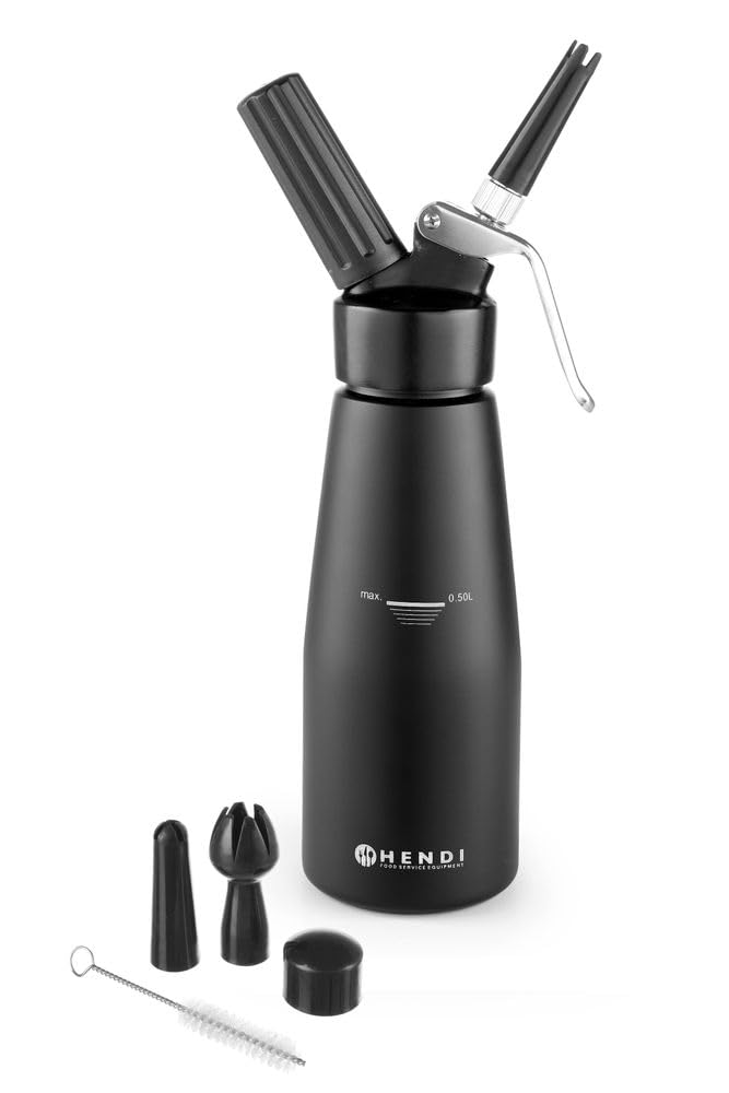 HENDI Siphon à chantilly, avec 3 douilles en polypropylène ainsi que 1 brosse de nettoyage, pour mousses, desserts et sauces, siphon à crème, 500ml, ø80x(H)260mm, aluminium, noir