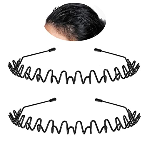 2Pcs Metal Headband Fashion Spring Wavy Hairband Black Hair Hoop Slicked Back Hair Bands Elastic Non Slip Head Bands Outdoor Sports Headwear Headbands For Men Women Unisex #TOP1