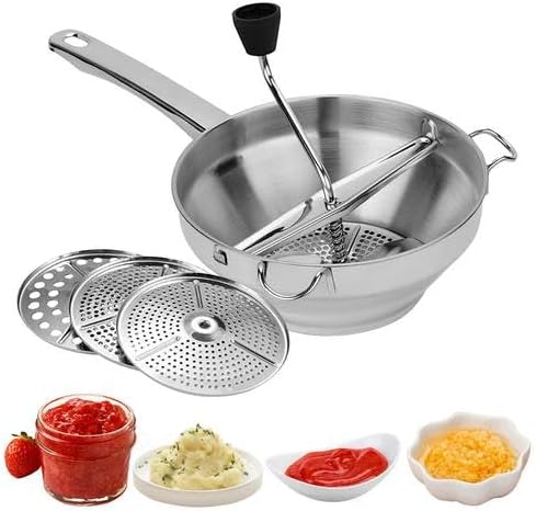 Food Mill Stainless Steel Fruit Vegetables Grinder with 3 Grinding Milling Discs, Milling Handle & Stainless Steel Bowl | Rotary Food Mill | Baby Food Grinder for Mashed Potatoes, Sauce, Puree, Jams