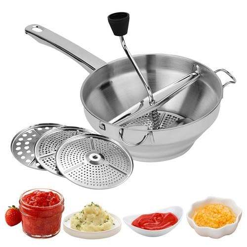 AITONG - Food Mill Stainless Steel Fruit Vegetables Grinder with 3 Grinding Milling Discs, Milling Handle & Stainless Steel Bowl | Rotary Food Mill | Baby Food Grinder for Mashed Potatoes, Sauce, Puree, Jams