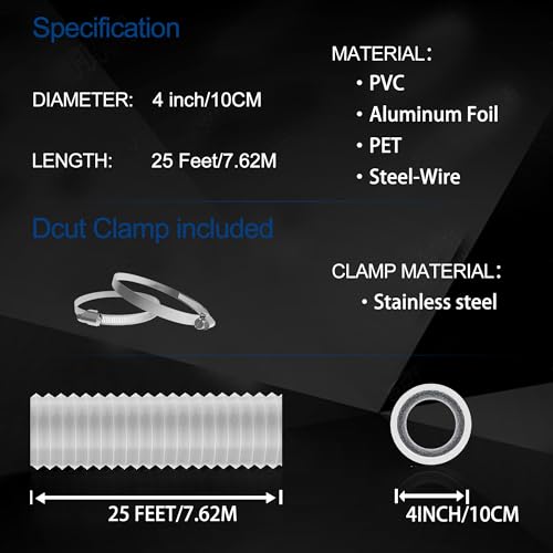 4 Inch 25ft Dryer Vent Hose,Flexible Insulated Air Ducting,Vent Hose PVC Aluminum Foil with 2 Clamps for HVAC Ventilation(White)