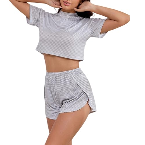 Pajamas for Women Set 2 Piece PJ Soft Striped Comfy Lounge Sets Short Sleeve Mock Neck Crop Tops Shorts Sleepwear S-2XL Gray
