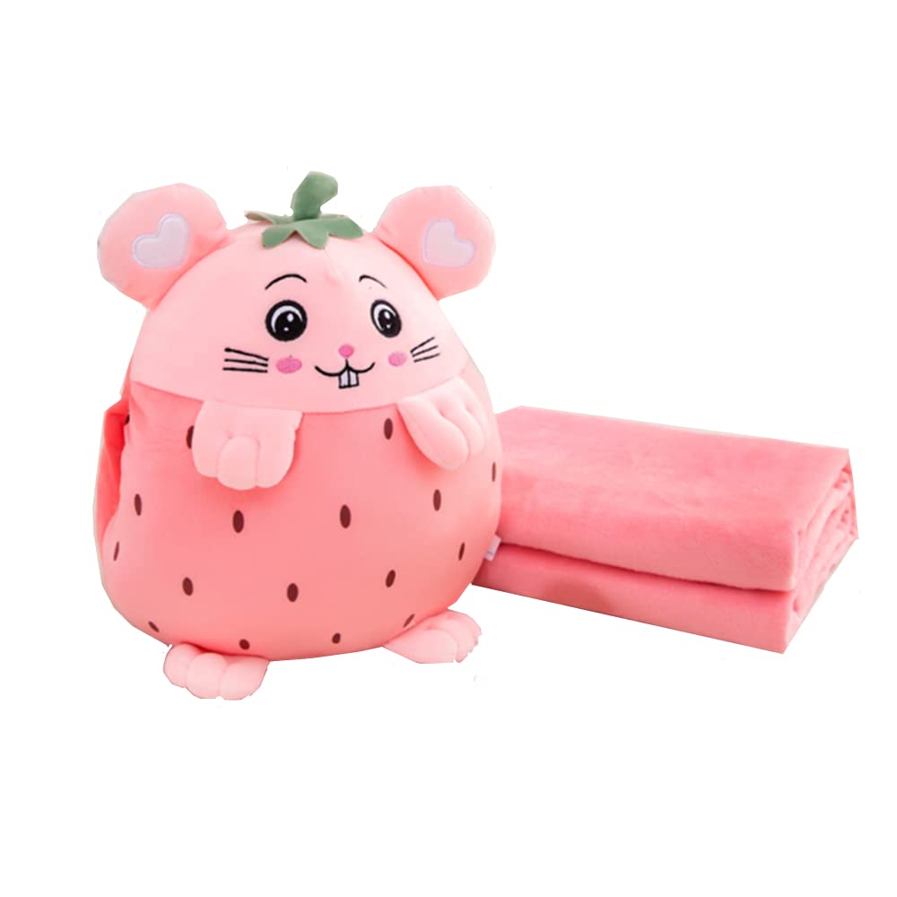 YUDONG Kids Stuffed Animal Travel Blanket and Pillow Set, Adorable 3 in 1 Multifunctional Fruit Plush Pillow with Hand Warmer Design, Perfect for Travel, Camping, Car, Home and Office (15") (Pink)