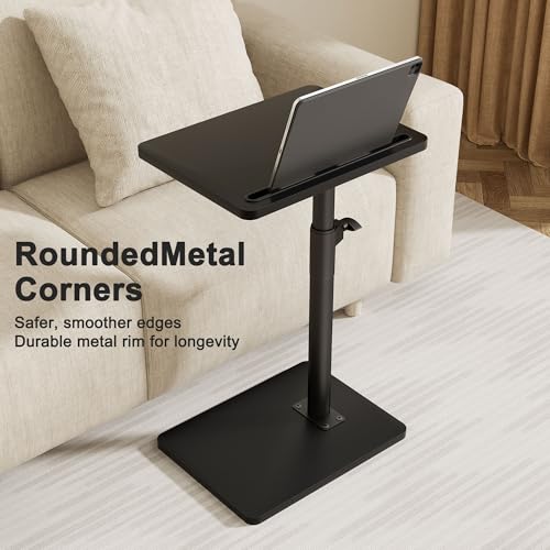 Image of YUHFERA Sofa Armrest Tray Table for Couch - 360 Swivel Height Adjustable End for Small Spaces, Snack Side Table for Bed or Chair with Phone & Tablet Slot (Black,Standard)