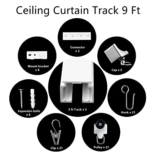 Curtain Track Ceiling Mount Heavy Duty Curtain Tracks Rods System Room Divider Partition Curtain Ceiling Rails Clips Hooks Sliding Shower-Ceiling Track 9 Ft White. #TOP4