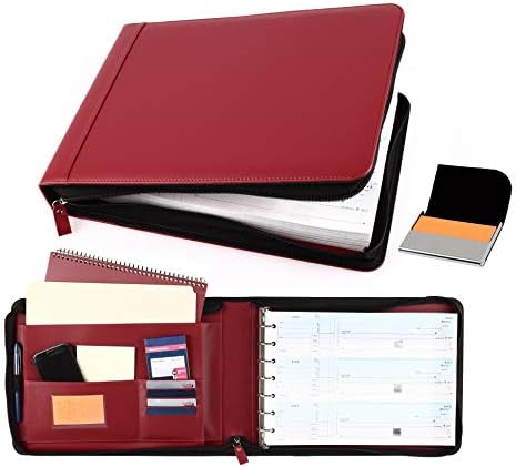 2Fold Zippered Business Check Binder 7 Ring for 3-Up Business Size Checks with Extra Business Card Case - PU Leather Deluxe 7 Ring Checkbook Binder Portfolio with 600 Check Capacity and Storage