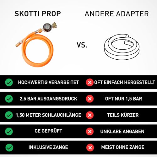 SKOTTI Prop, EN 417 Gaskartuschen kompatibel, Gasflaschenanschlussset für SKOTTI Grill und Campingkocher, für große Gasflasche 5kg und 11kg, ideal für Camping & Outdoorkocher, 150cm länge