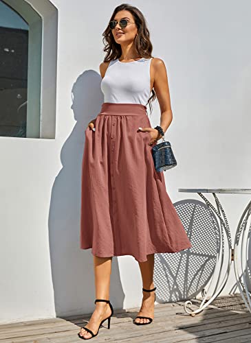 Kate Kasin Women'S High Waist Midi Skirt Vintage Elastic A-Line Pleated Button Skirts With Pockets Light Coral M thumb #5