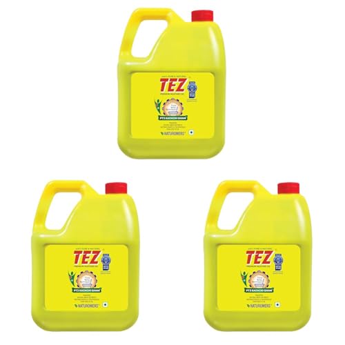 Image of Tez Mustard Oil for Cooking 5L Can | PT3 Kachchi Ghani Sarson Ka Tel | 100% Pure & Natural Oil | Promotes Gut Health with Antibacterial & Antifungal Benefits | Supports Good Health (Pack of 3)