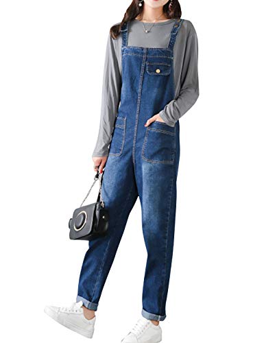 Yeokou Women's Baggy Maternity Denim Bib Cropped Overalls Jumpsuits Pants Jeans (Large, Blue)