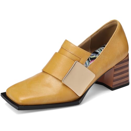Image of Loafers for Women Patent Leather Buckle Square Toe Chunky Block Dress Slip On Wide Casual Comfortable Dressy High Heels Ladies Comfort Moccasins Elegantes 2 Inch Shoes