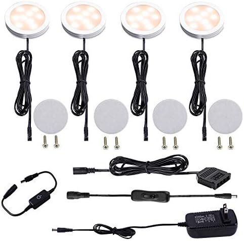 AIBOO Beneath Cupboard LED Puck Lights Equipment with Contact Dimming Change for Ambiance Environment Evening Lighting (4 Lights,Heat White)