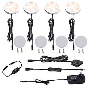 AIBOO Under Cabinet LED Puck Lights Kit with Touch Dimming Switch for Ambiance Atmosphere Night Lighting (4 Lights,Warm White)