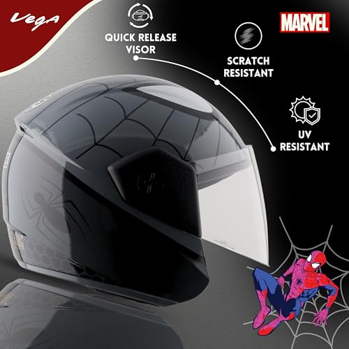 Image of Vega Buds Junior Marvel Spiderman Graphic Open Face Helmet for Kids - Lightweight Design, Superior Comfort & Safety, Stylish Black Grey - XS