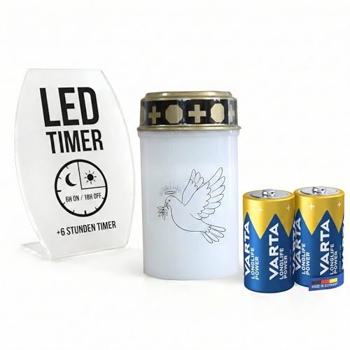 Bild: Fachhandel Plus LED Grablicht mit Timer 6/18 Std Motivwahl Grabkerze LED mit Batterie inklusive 2x Varta Longlife C LR14 f�r Friedhof Gedenkplatz und Au�enbereich (Wei�, Taube) f�r 10,90 EUR (-11%) statt 38,02 EUR bei amazon.de