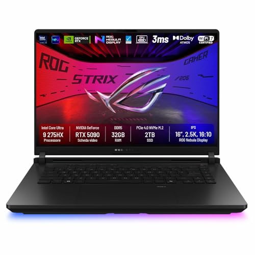 ASUS ROG STRIX SCAR 16 (2025) G635LX, 16' 2.5K WQXGA, Intel Core Ultra 275HX, RAM 32GB DDR5, NVIDIA GeForce RTX 5090 24GB GDDR7, 2TB SSD, Win 11 Home, Wi-Fi 7, BT 5.3, Tastiera Retroilluminata RGB