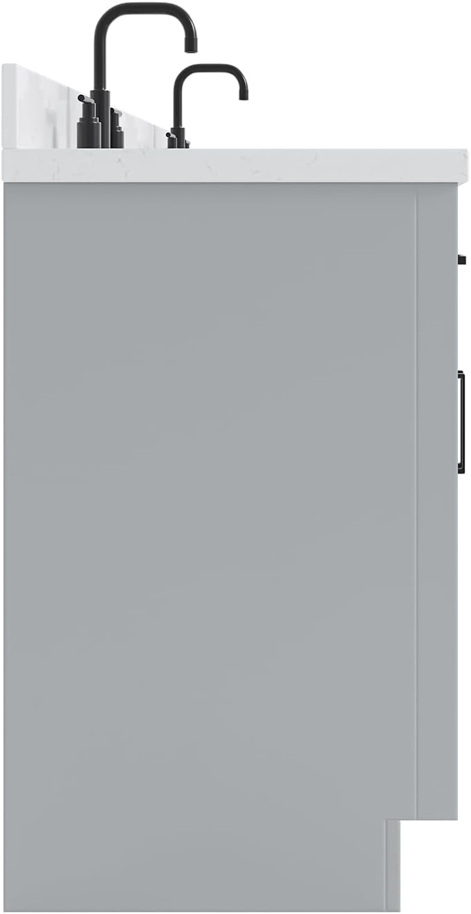 ARIEL Hepburn 60-inch Bathroom Vanity with Sink,Solid Wood, 1.5-inch Carrara White Quartz Countertop & Backsplash, Double Rectangular Porcelain Sink, 4 Soft Closing Doors, 6 Dovetail Drawers, Grey